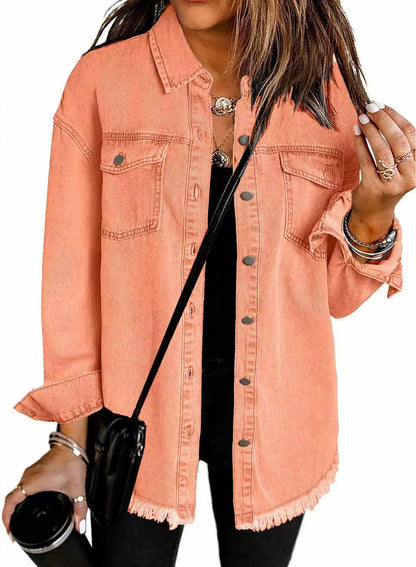 Women's Oversized Denim Shacket Frayed Hem