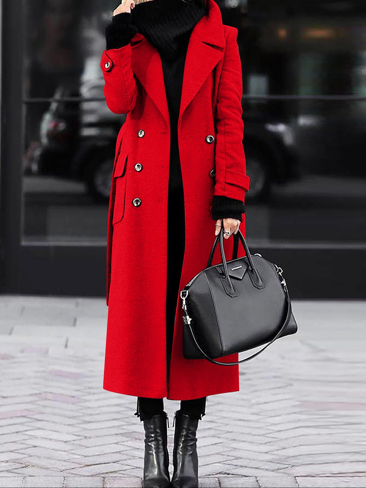 Womens Long Lapel Coat Double Breasted Winter Overcoat