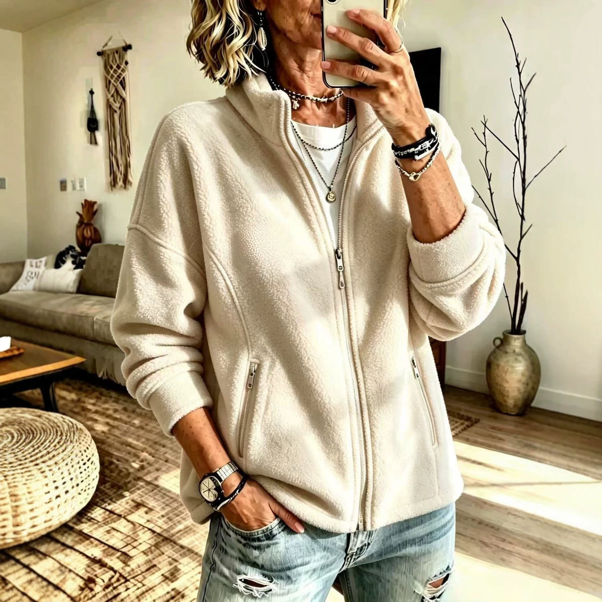 Women's Oversized Fleece Full Zip Jacket Stand Collar
