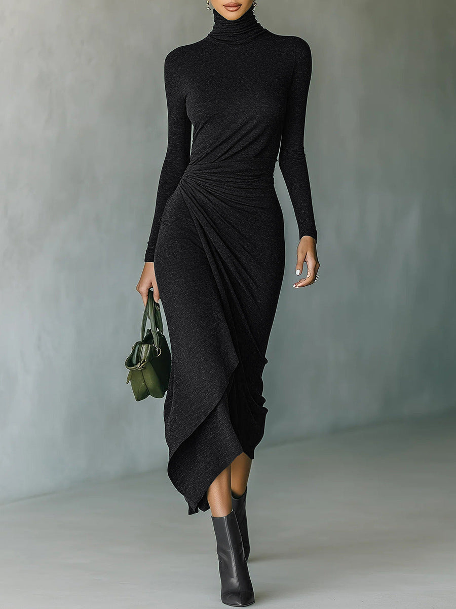 Turtleneck Long Sleeve Ruched Asymmetrical Midi Dress