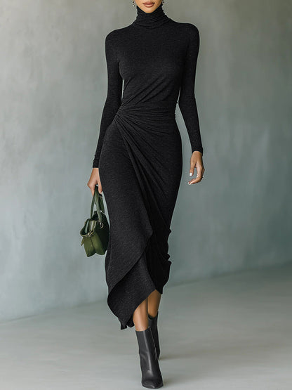 Turtleneck Long Sleeve Ruched Asymmetrical Midi Dress