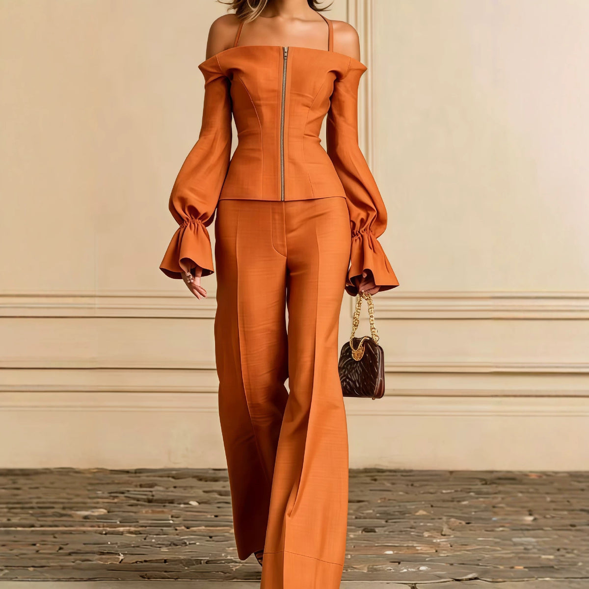 Women's Elegant Two Piece Bell Sleeve Wide Leg Pant Set