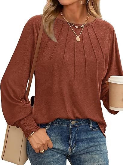 Women's Pleated Crewneck Balloon Sleeve Oversized Top