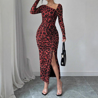 Leopard Mesh Asymmetrical Neck Ruched Bodycon Midi Dress