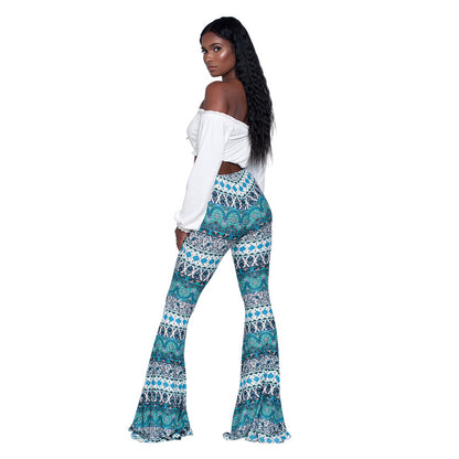 Women's Boho Printed Stretch Flare Pants Bell Bottoms