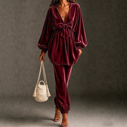 Velvet Bow Front Balloon Sleeve Jogger Set