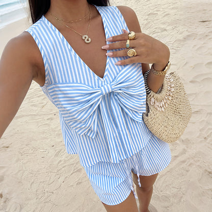 Striped Bow Front Tank Top and Shorts Summer Set