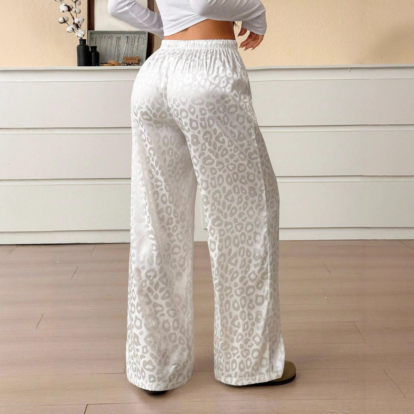 Women's Satin Leopard Drawstring Wide Leg Pants