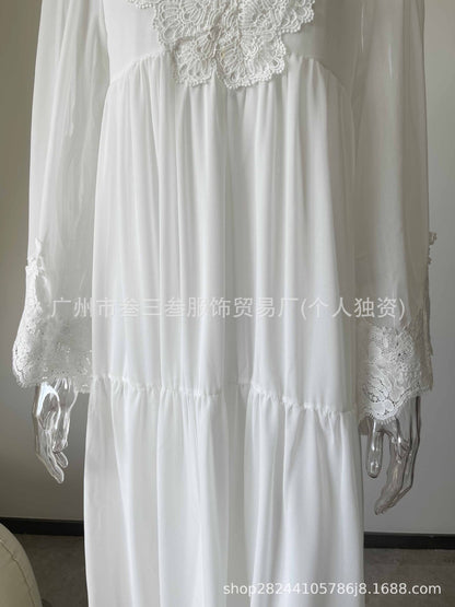 Women's Boho Lace Chiffon Long Sleeve Maxi Dress