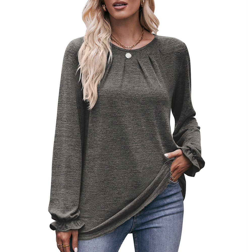 Round Neck Pleated Long Sleeve Brushed Knit Top