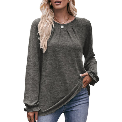 Round Neck Pleated Long Sleeve Brushed Knit Top