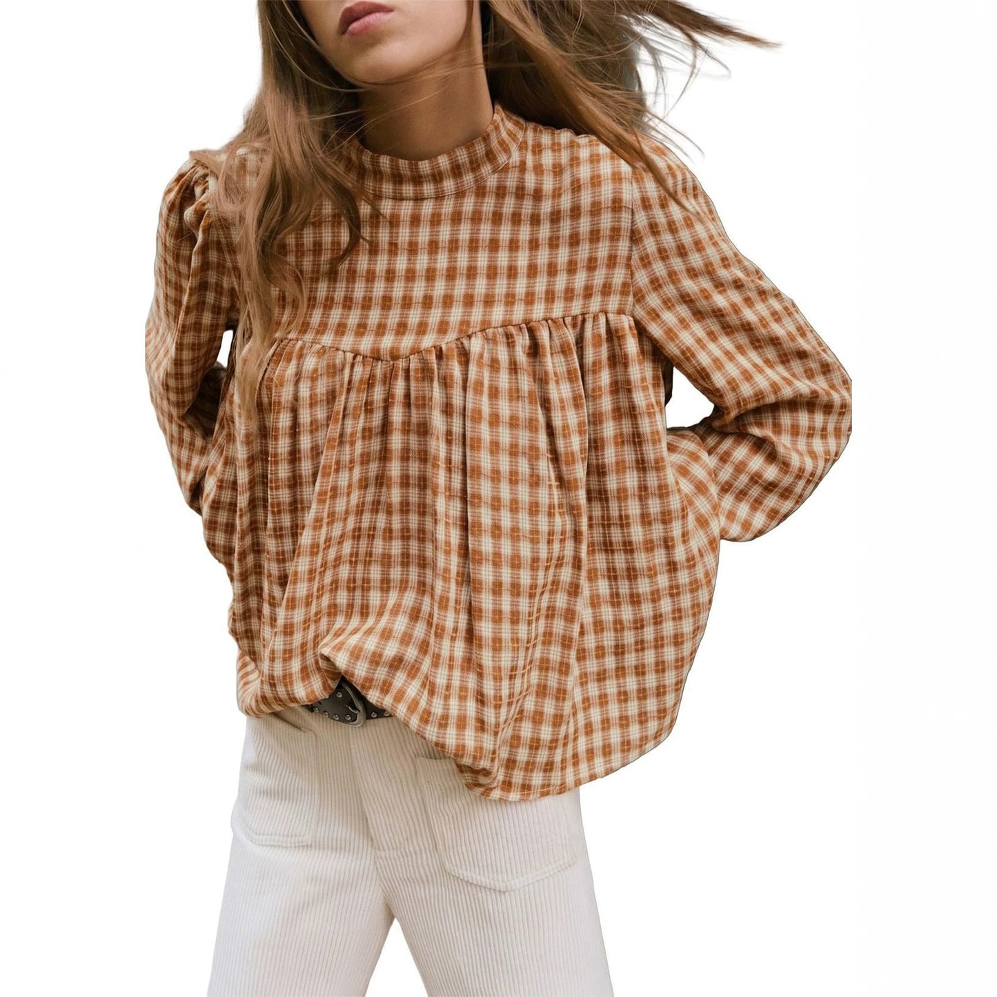 Women's Plaid Mock Neck Babydoll Long Sleeve Top