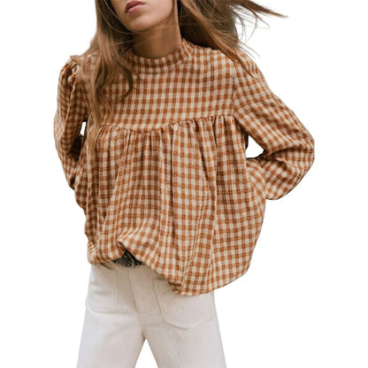 Women's Plaid Mock Neck Babydoll Long Sleeve Top
