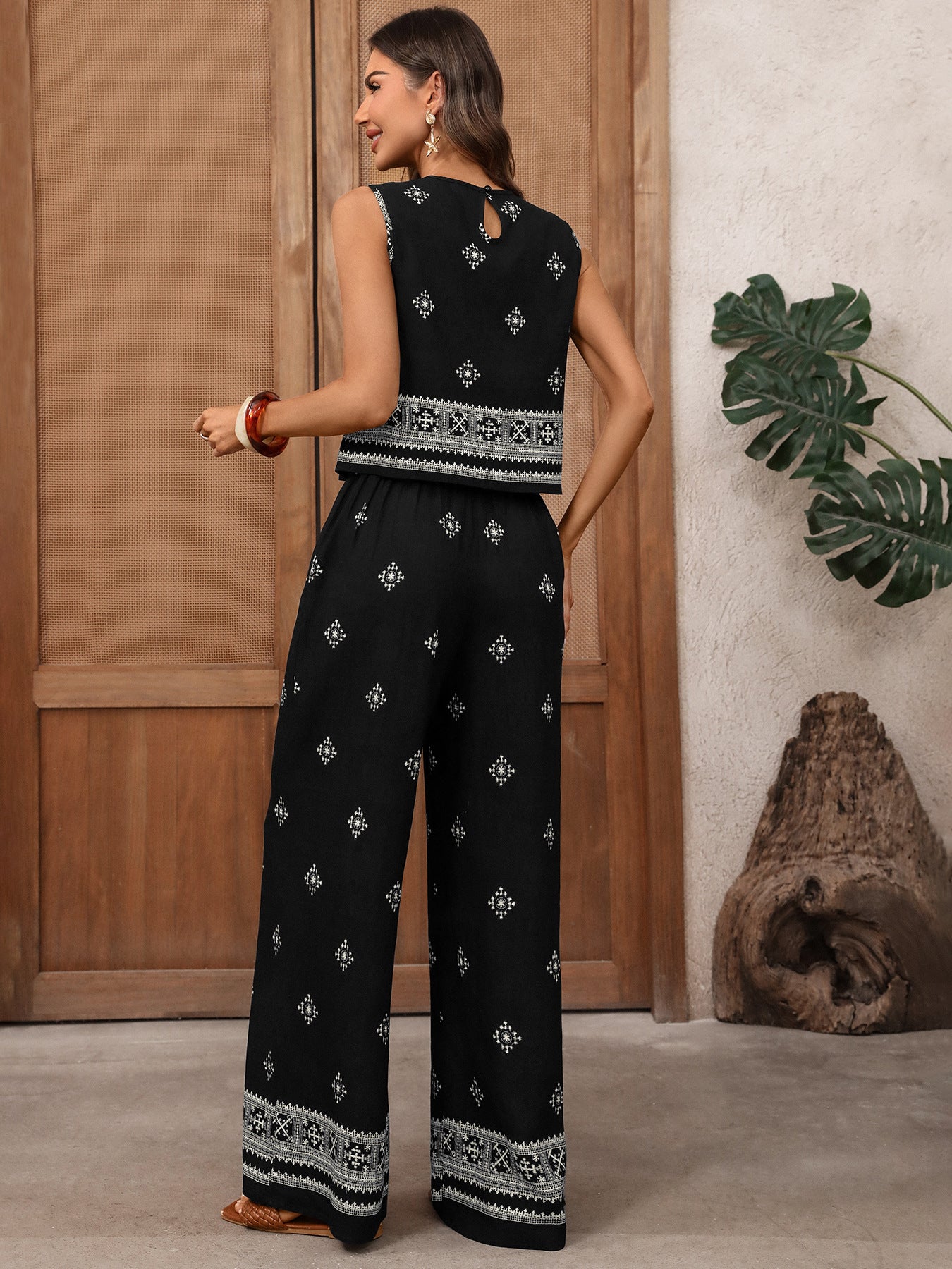 Boho Two Piece Set Women Sleeveless Top Wide Leg Pants Tribal Print