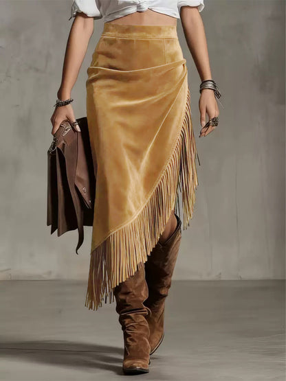 Women's Western Suede Fringe Asymmetrical Midi Skirt