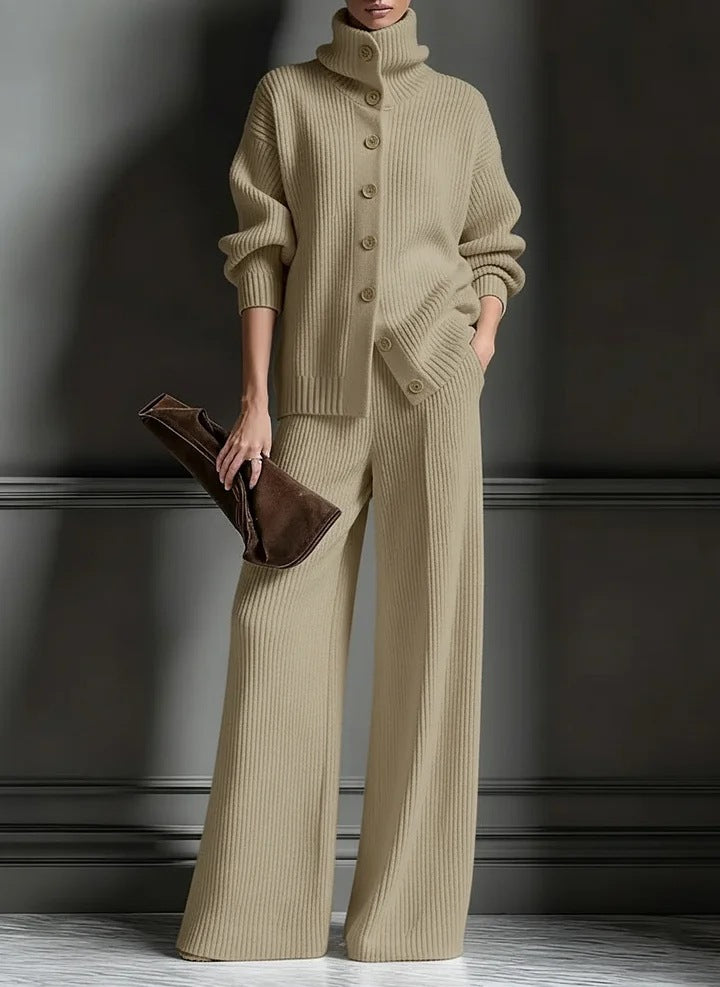 Women's Knit Turtleneck Cardigan Wide Leg Pants Set