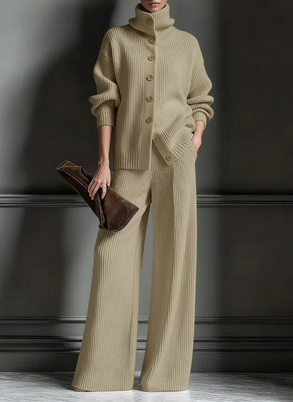 Women's Knit Turtleneck Cardigan Wide Leg Pants Set