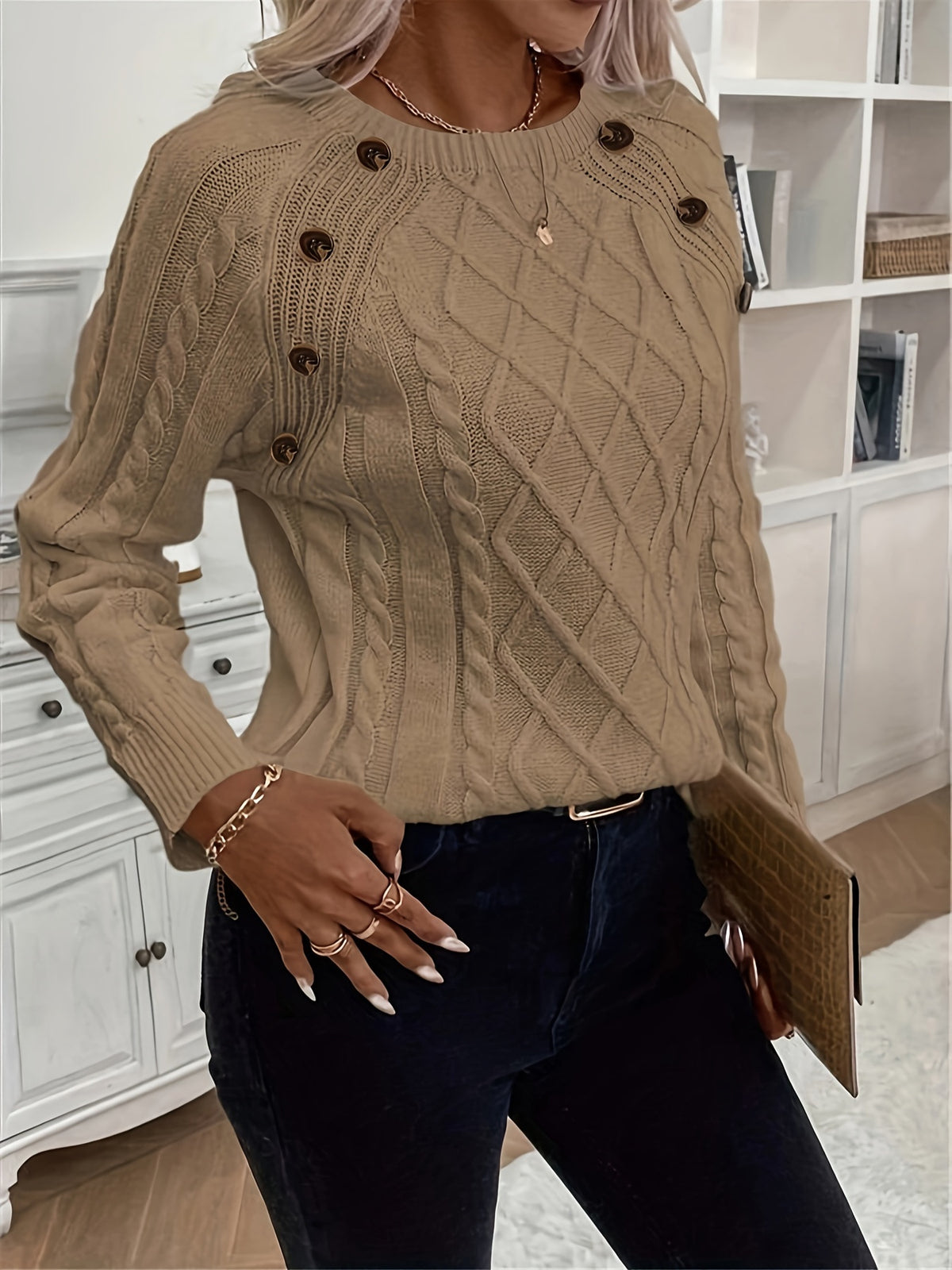 Women's Oversized Cable Knit Button Crew Neck Sweater