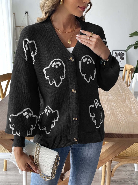 Halloween Ghost Print V-Neck Cardigan | Cozy Knit Sweater