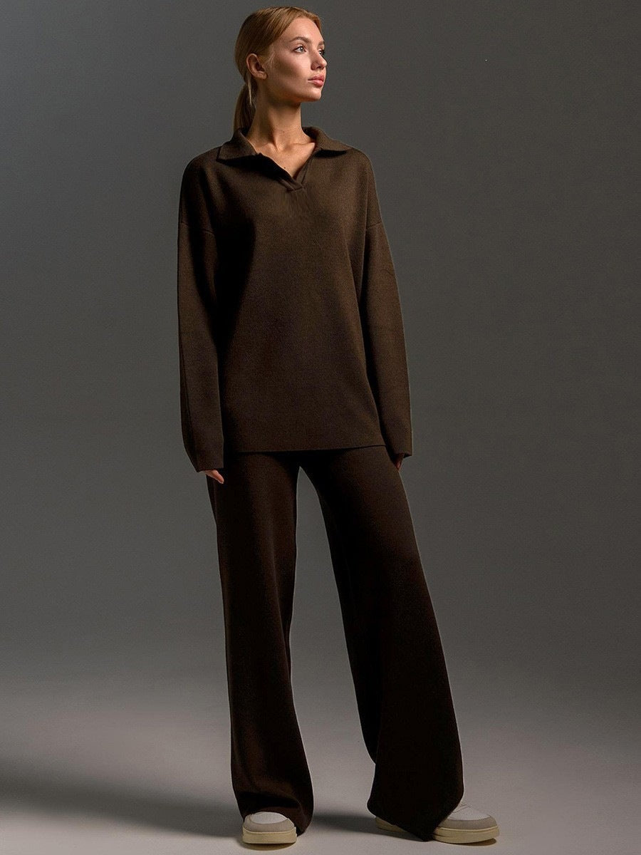 Women's Cozy Polo Top Wide Leg Pants Matching Set