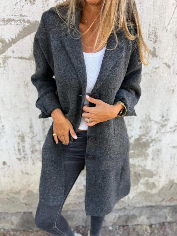 Women Long Wool Coat Lapel Button Front Jacket Pockets