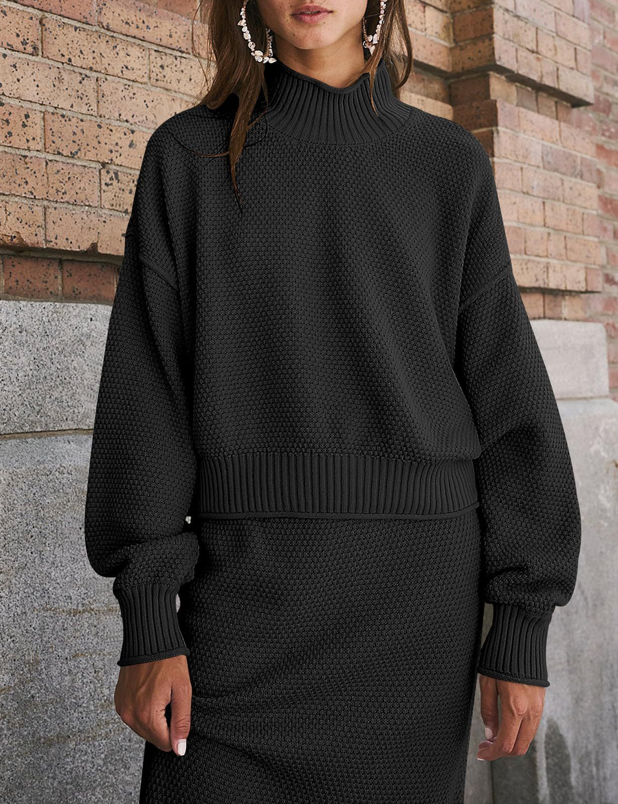 Women's Knit Two Piece Set Mock Neck Sweater Midi Skirt