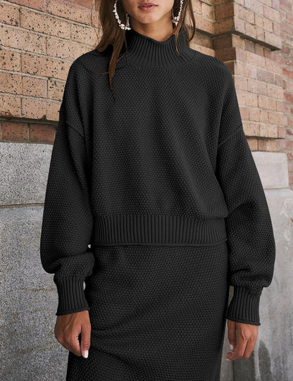 Women's Knit Two Piece Set Mock Neck Sweater Midi Skirt