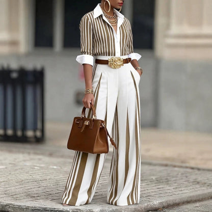 Women Striped High Waist Straight Leg Pants Color Block
