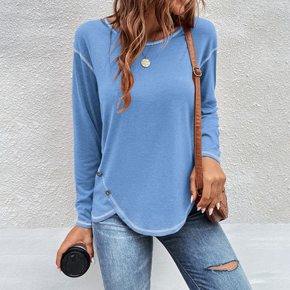 Women's Side Button Long Sleeve Curved Hem Tunic Top