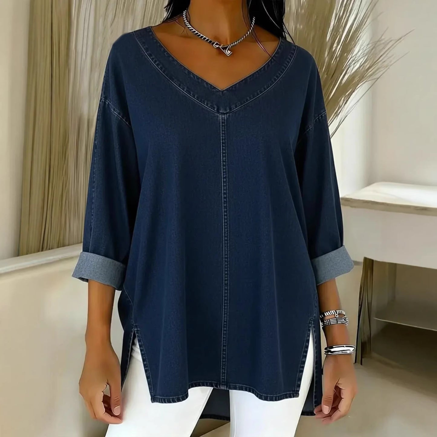 Oversized Denim V-Neck Top Casual Utility Long Sleeve Shirt
