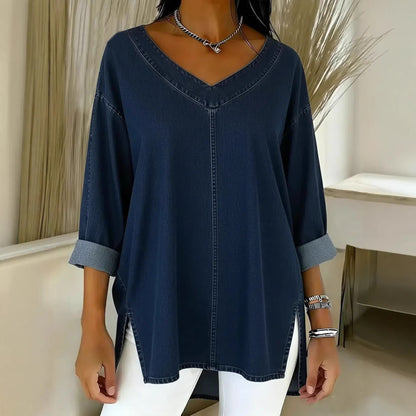 Oversized Denim V-Neck Top Casual Utility Long Sleeve Shirt