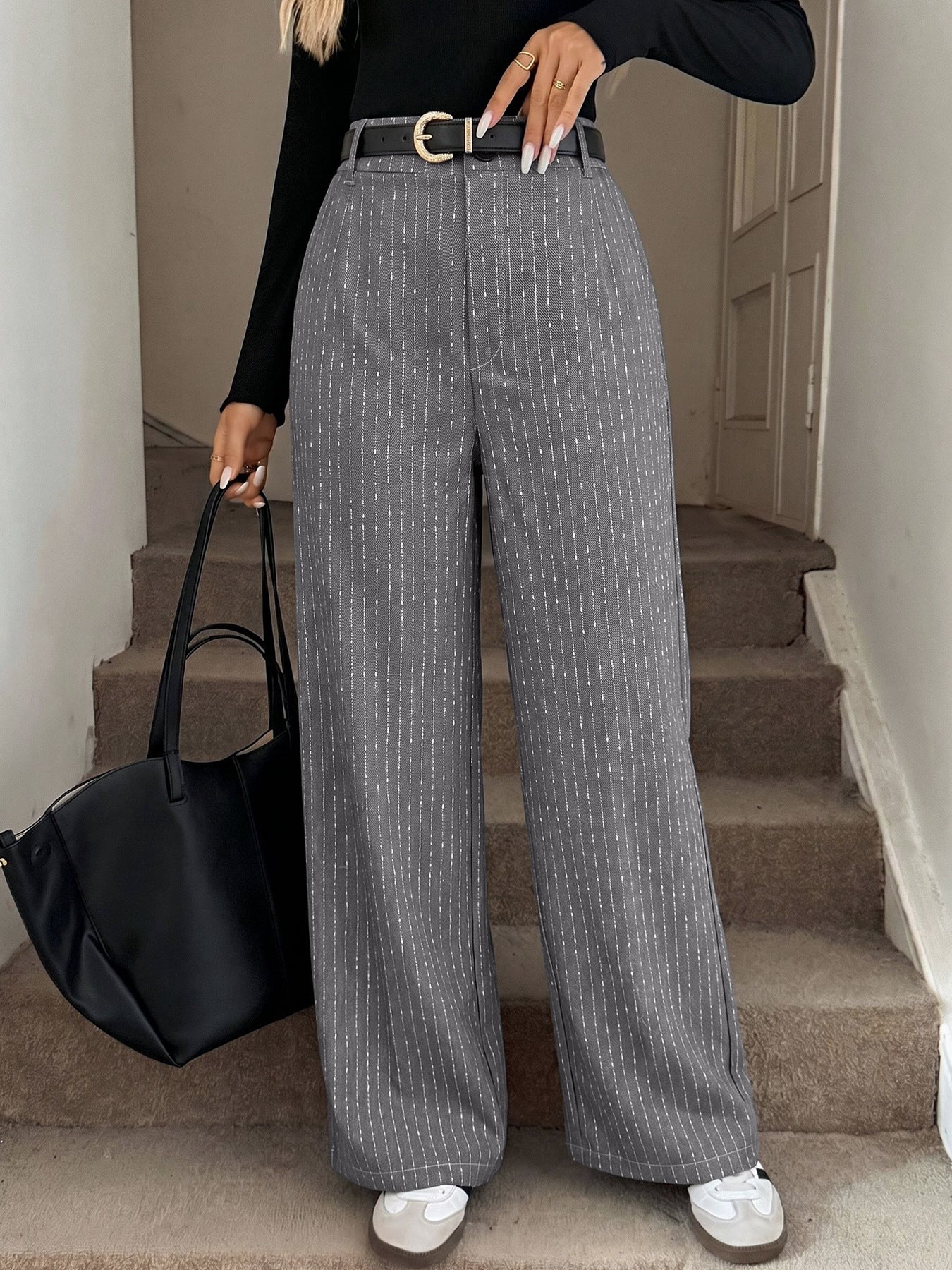 Pinstripe High Waist Wide Leg Dress Pants