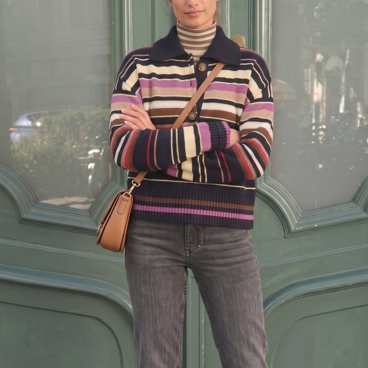 Women's Striped Polo Collar Long Sleeve Sweater