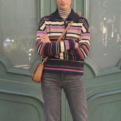 Women's Striped Polo Collar Long Sleeve Sweater