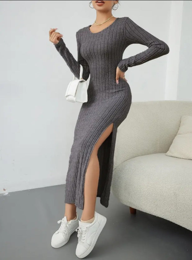 Ribbed Knit Long Sleeve Bodycon Slit Maxi Dress