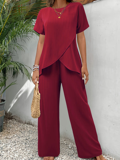 Plus Size Solid Cross Front Wide Leg Pants Matching Set