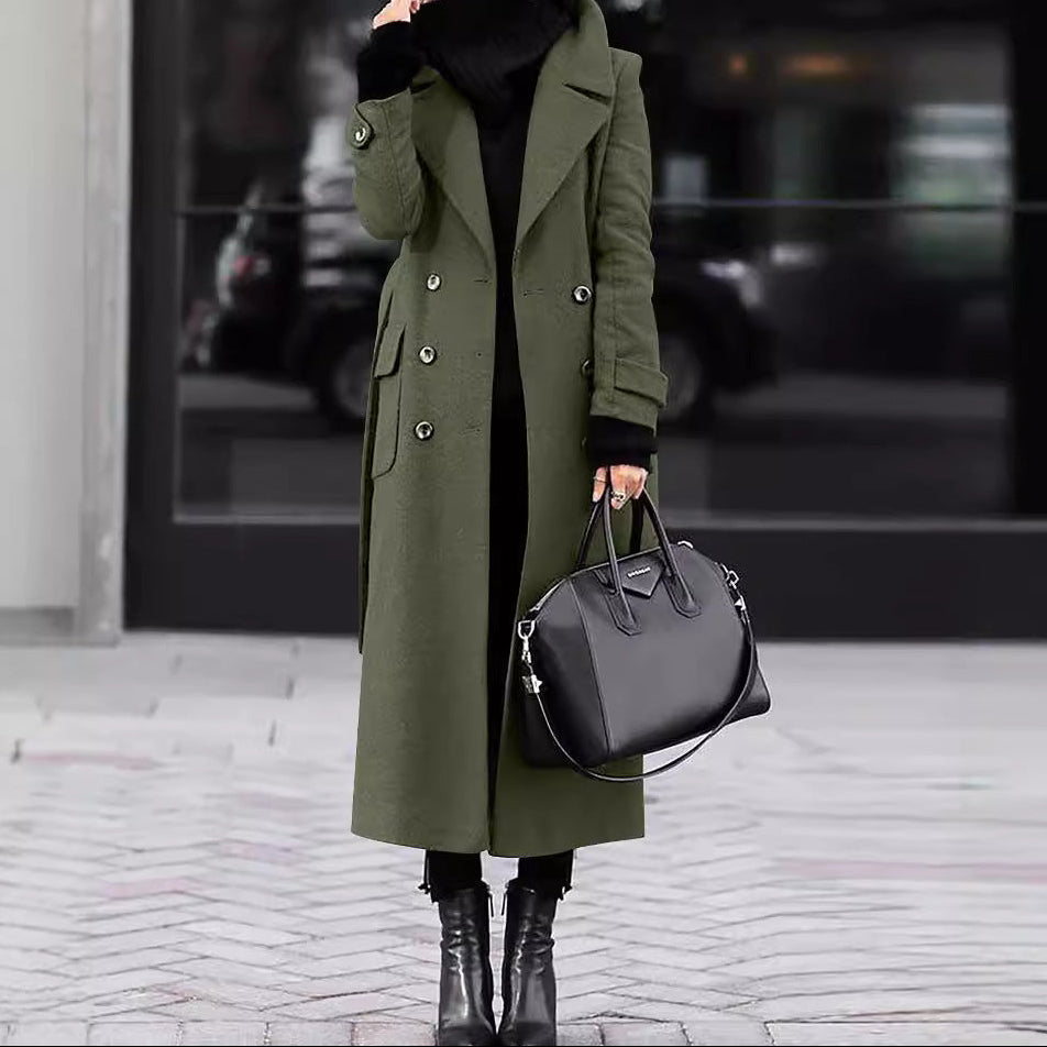 Womens Long Lapel Coat Double Breasted Winter Overcoat