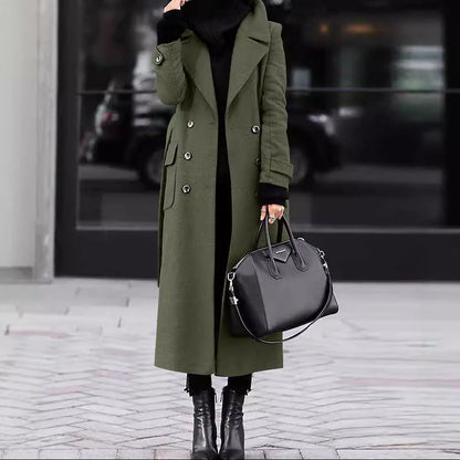 Womens Long Lapel Coat Double Breasted Winter Overcoat
