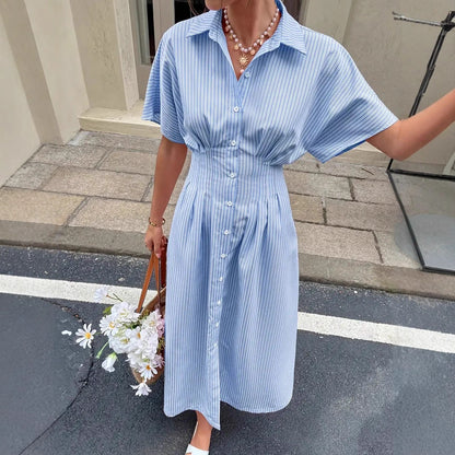 Striped Short Sleeve Button Front Midi Shirt Dress