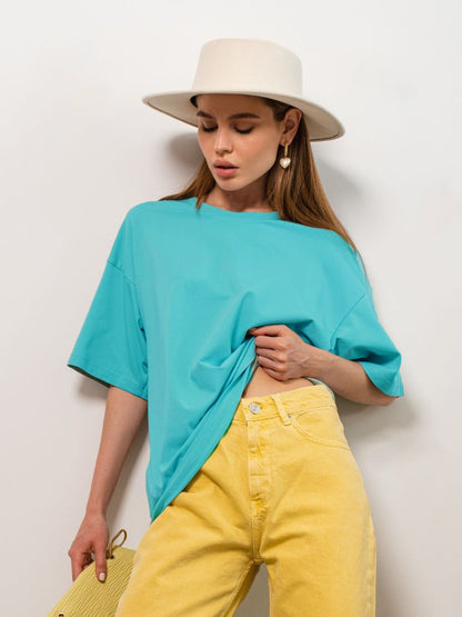 Solid Cotton T Shirt Loose Fit Crewneck Casual Top