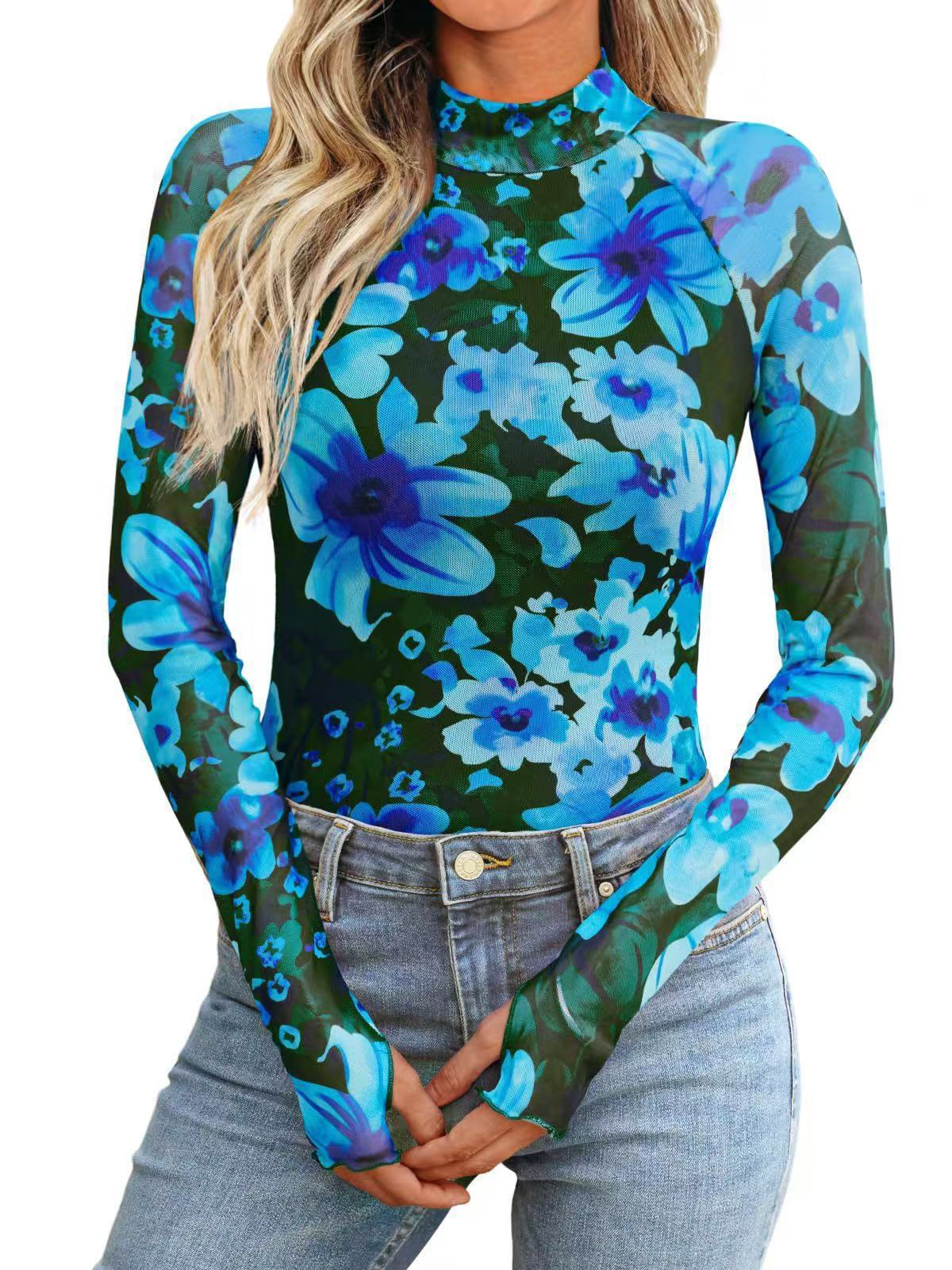 Women's Floral Sheer Mesh Mock Neck Long Sleeve Top