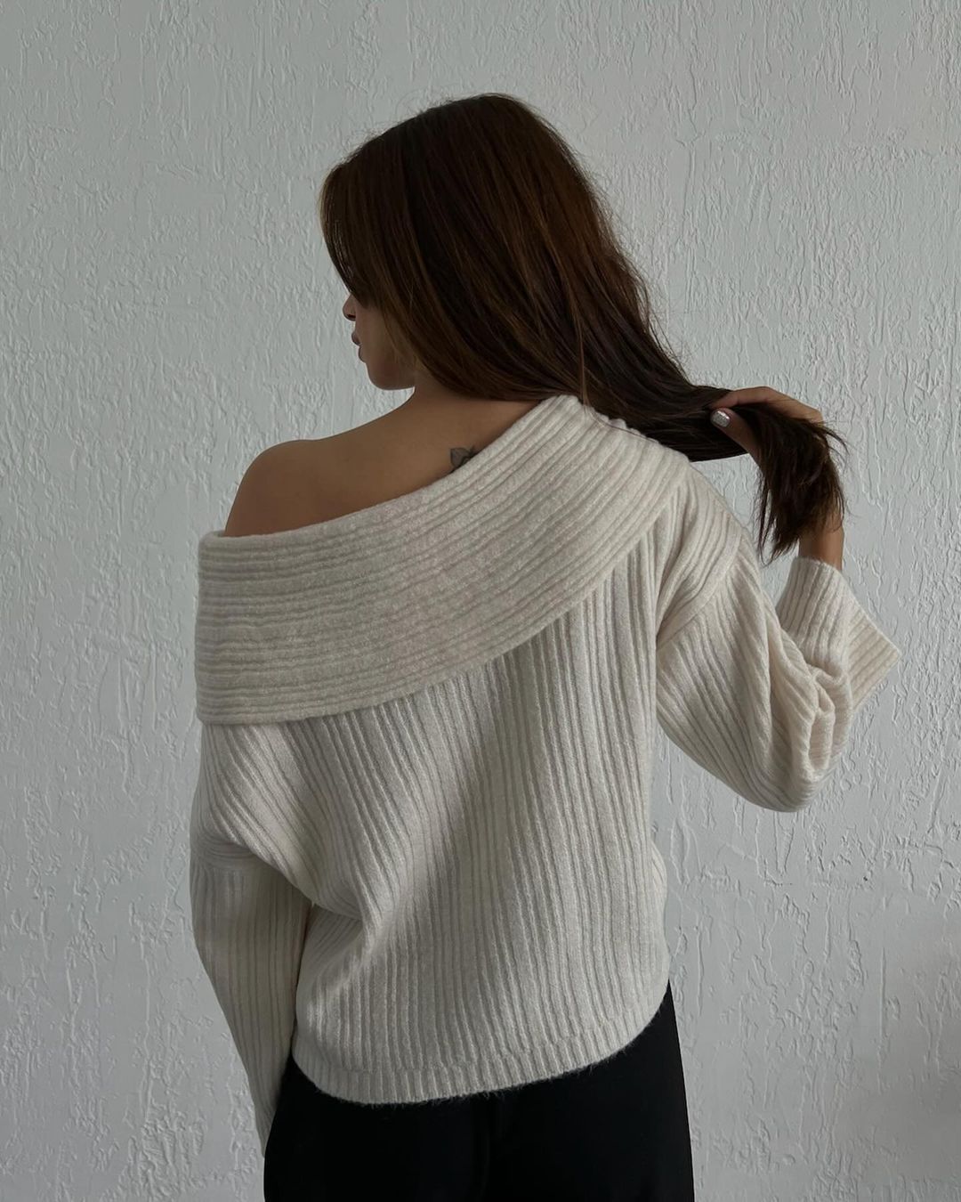 Womens Off Shoulder Bell Sleeve Sweater Oversized Knit Top