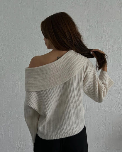 Womens Off Shoulder Bell Sleeve Sweater Oversized Knit Top