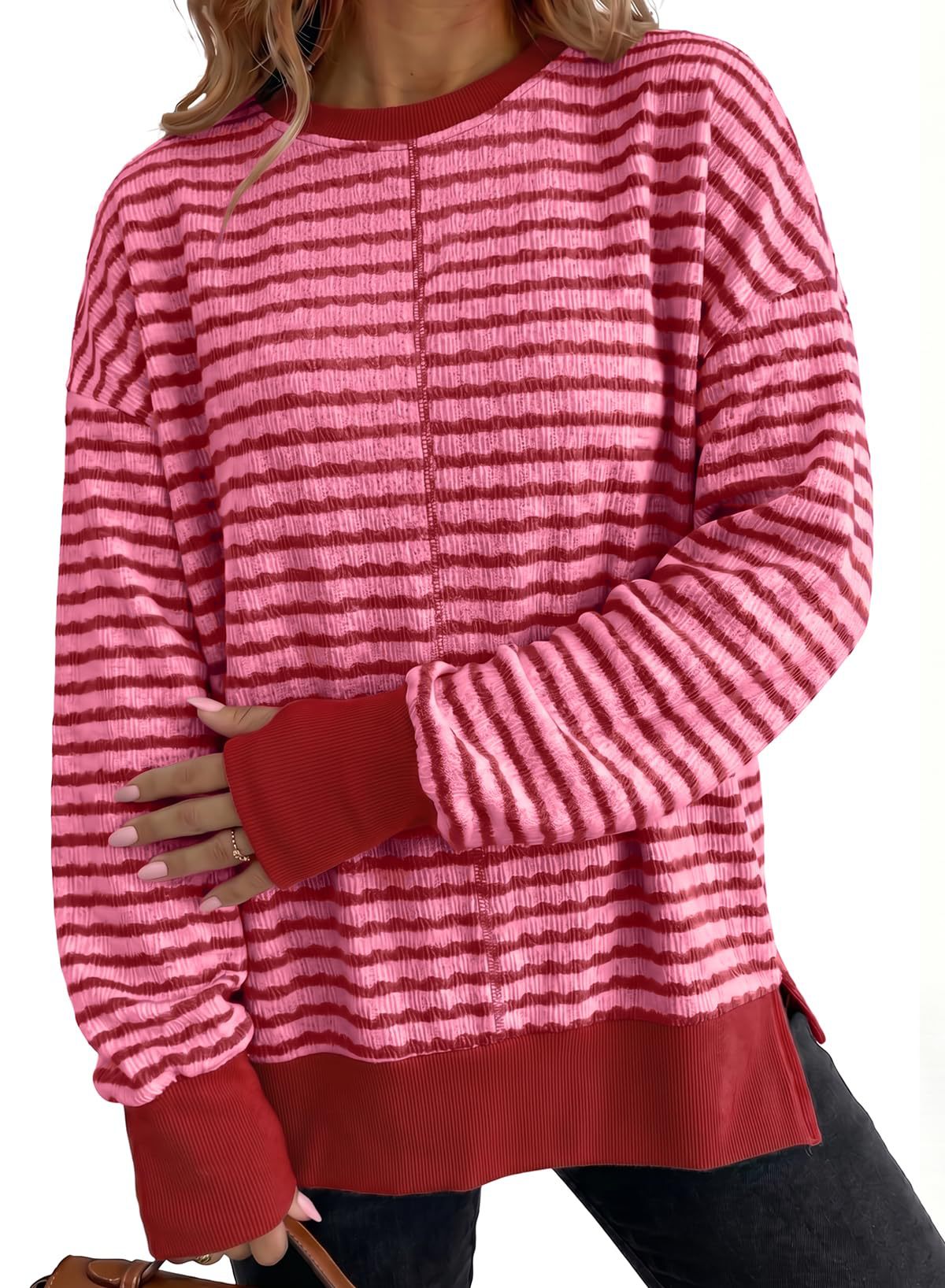 Women's Oversized Striped Crewneck Sweatshirt Side Slit