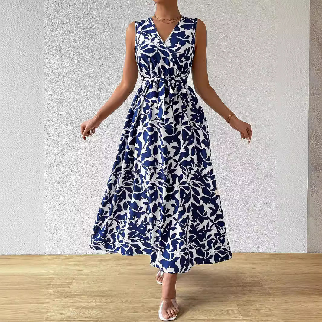 Elegant French Holiday Style V-Neck Printed Lace-Up Maxi Dress