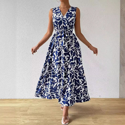 Elegant French Holiday Style V-Neck Printed Lace-Up Maxi Dress