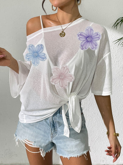 Women's Sheer Tie Front Beach Cover Up Lace Floral Top