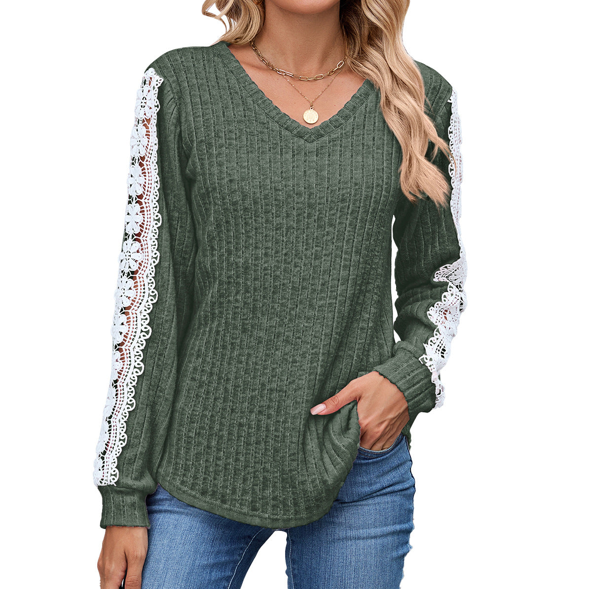 Women's V Neck Lace Long Sleeve Tunic Top