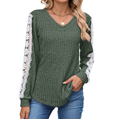 Women's V Neck Lace Long Sleeve Tunic Top