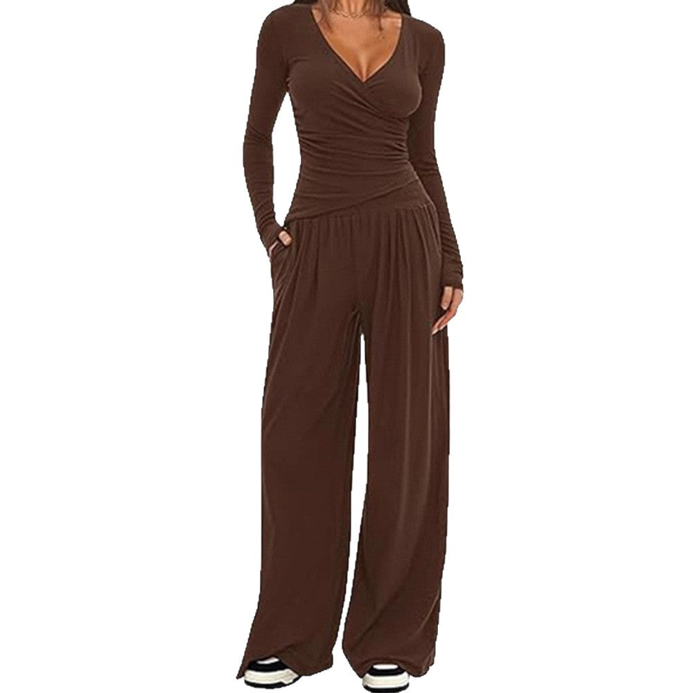 Women's 2 Piece V Neck Wide Leg Pants Lounge Set